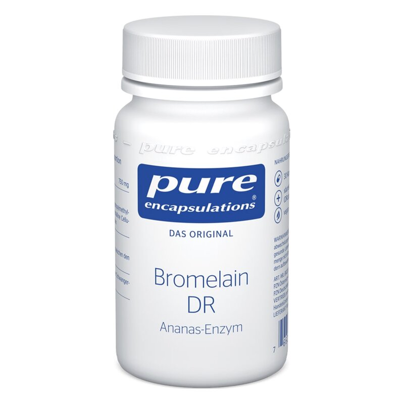 Weißes Fläschchen mit Deckel, beschriftet mit 'Bromelain DR', Ananas-Enzym von Pure Encapsulations.