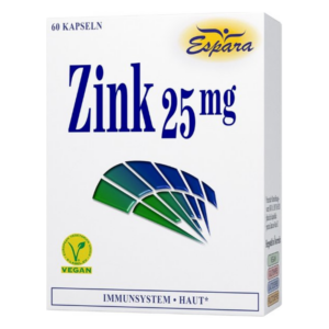 Verpackung einer Zinklösung mit 25 mg pro Kapsel, vegan und für Immunsystem sowie Haut. Weißer Karton.