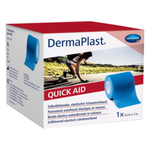 Packung mit elastischem, selbstklebendem Schaumverband in Blau, mit dem Schriftzug 'Quick Aid' und einer Abbildung eines Skaters.