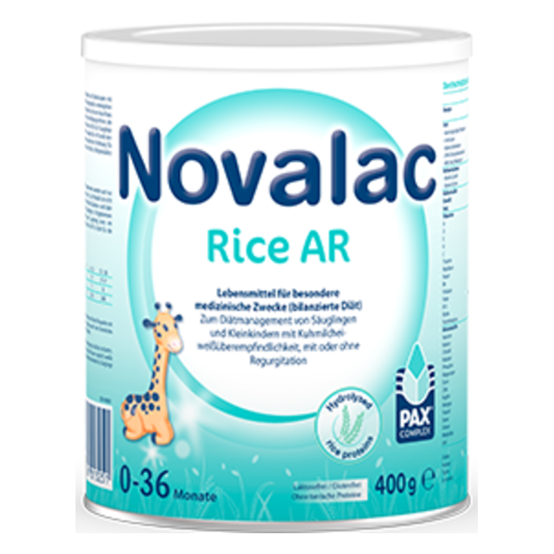 Dose mit 400 g Novalac Rice AR, einem speziellen Nahrungsergänzungsmittel für Säuglinge und Kleinkinder, mit einem freundlichen Giraffen-Motiv.