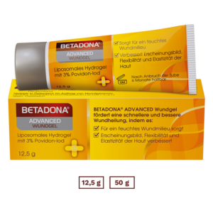 Tube mit liposomalem Hydrogel Wundgel für schnellere Wundheilung auf gelbem Verpackungshintergrund.