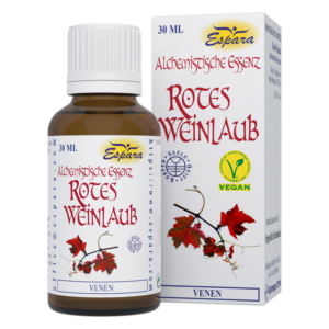 Braune Glasflasche mit alchemistischer Essenz aus rotem Weinlaub und dazugehöriger Verpackung, vegan gekennzeichnet.