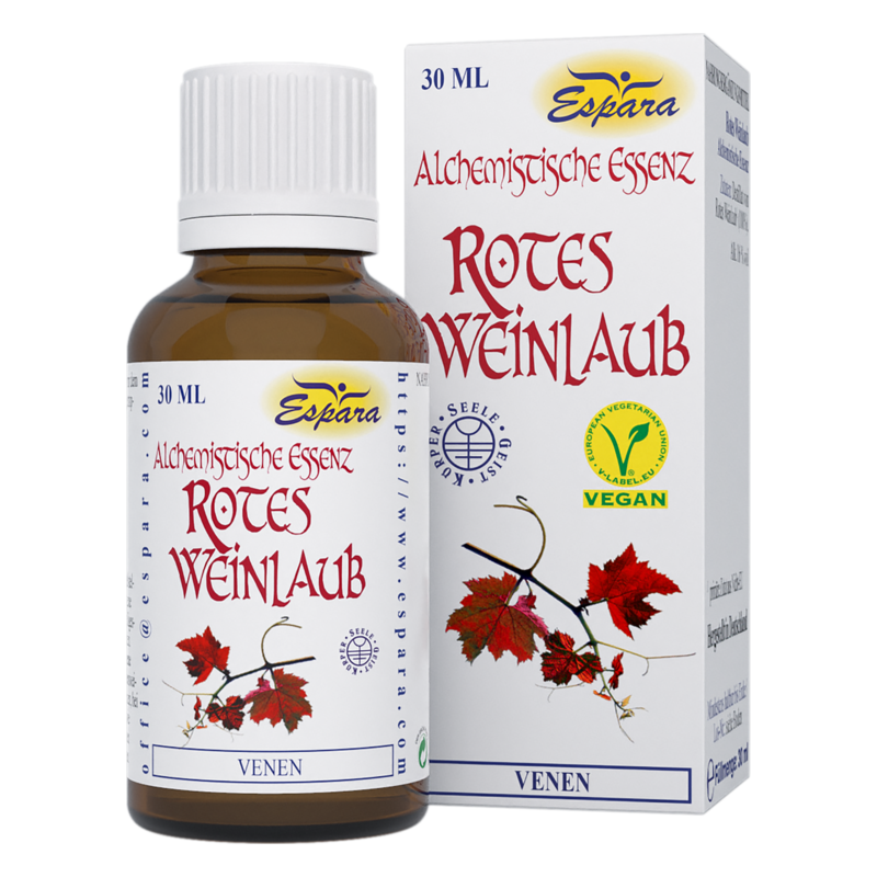 Braune Glasflasche mit alchemistischer Essenz aus rotem Weinlaub und dazugehöriger Verpackung, vegan gekennzeichnet.