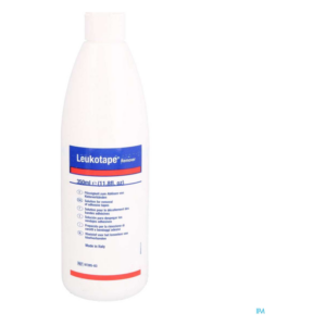Flasche mit Leukotape Entferner, 350 ml, zum Lösen von Klebebandrückständen, mit mehrsprachiger Beschreibung.