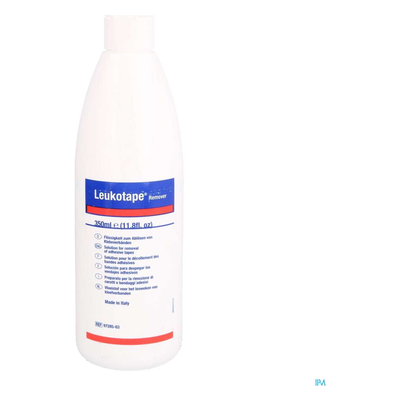 Flasche mit Leukotape Entferner, 350 ml, zum Lösen von Klebebandrückständen, mit mehrsprachiger Beschreibung.