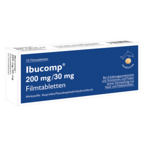 Packung Ibuprofen/Pseudoephedrin Filmtabletten mit 200 mg/30 mg, zur Linderung von Erkältungssymptomen.