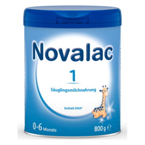 Blauer Behälter mit Deckel, enthält Novalac 1 Säuglingsnahrung für 0-6 Monate und eine abgebildete Giraffe.