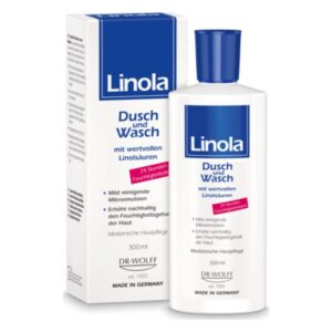 Flasche mit Dusch- und Waschmittel von Linola, präsentiert mit blauem Etikett und detaillierter Produktbeschreibung.