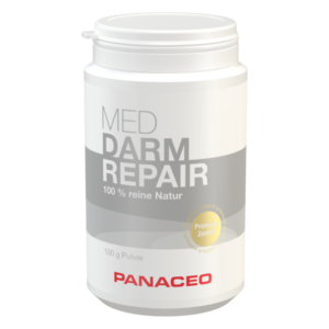 Weißer Behälter mit Schraubverschluss, Inhalt: MED DARM REPAIR, 100 % reine Natur, 100 g Pulver.