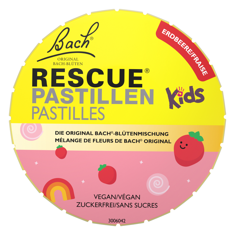Runde Verpackung von Bach Rescue Pastillen für Kinder mit Erdbeergeschmack und bunten Designs.
