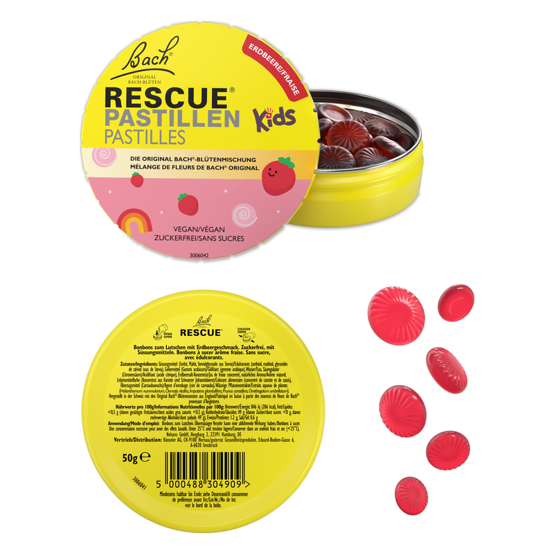 Gelbe Dose mit roten pastillenförmigen Bonbons, Erdbeergeschmack, für Kinder, vegan und zuckerfrei.