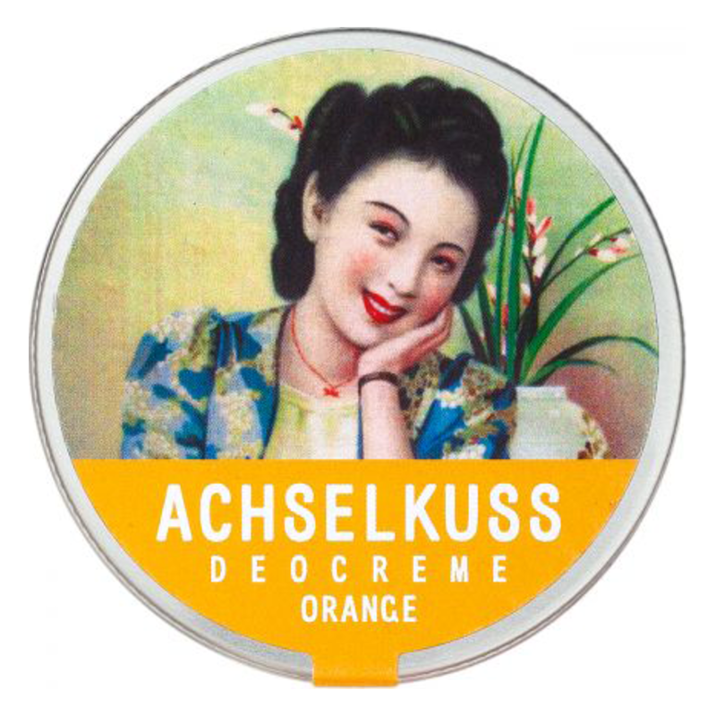 Runde Dose mit Deocreme in leuchtendem Orange, verziert mit einer lächelnden Frau und floralem Hintergrund.