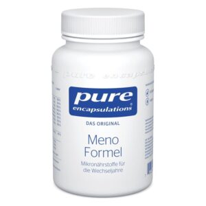 Weißer Kunststoffbehälter mit Schraubverschluss, beschriftet mit 'Meno Formel' von pure encapsulations.