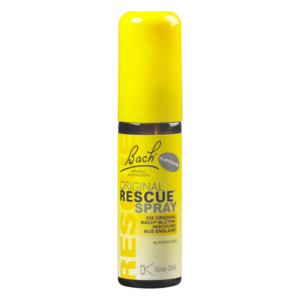 Ein gelbes Sprayfläschchen mit schwarzem Aufdruck "Original Rescue Spray" und der Aufschrift "alkoholfrei".