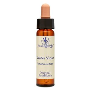 Braune Glasflasche mit Pipette, beschriftet mit 'Water Violet Sumpfwasserfeder' und Logo von Healing Herbs.