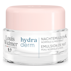Runde Glasdose mit rosa Deckel, enthält Nachtcreme für normale und Mischhaut von Louis Widmer.