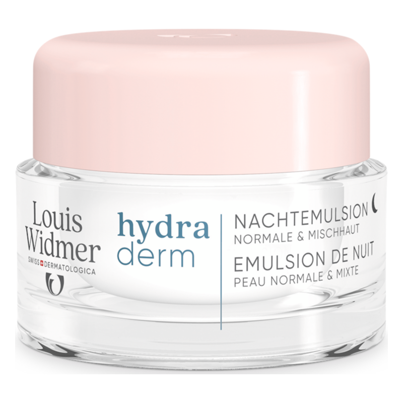 Runde Glasdose mit rosa Deckel, enthält Nachtcreme für normale und Mischhaut von Louis Widmer.