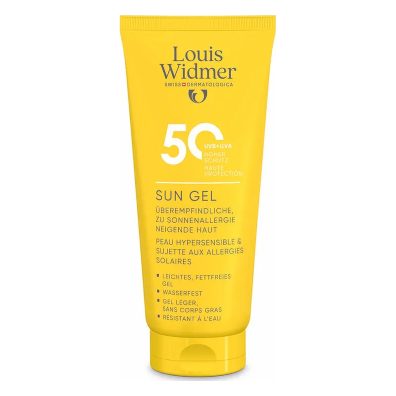Gel für Sonnenschutz mit Lichtschutzfaktor 50, geeignet für empfindliche Haut, wasserfest und fettfrei.