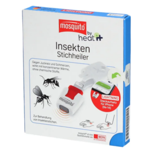 Verpackung eines Insektenstichheilers mit Abbildung des Geräts und Hinweisen zur Anwendung gegen Juckreiz.