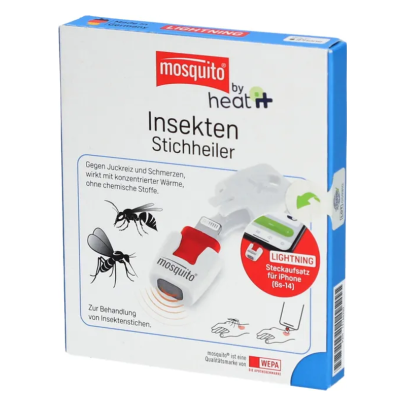Verpackung eines Insektenstichheilers mit Abbildung des Geräts und Hinweisen zur Anwendung gegen Juckreiz.